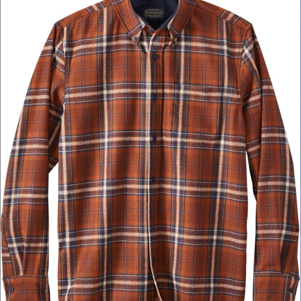 Men's Pendleton Long Sleeve Fireside Shirt Classic Brown Navy Plaid Wool